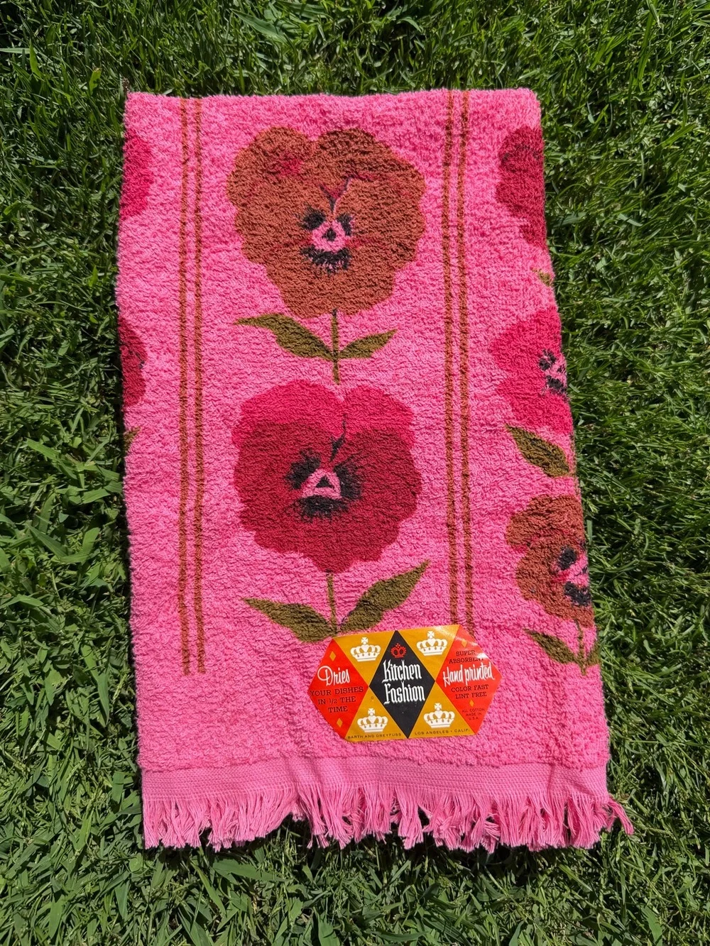 Vintage Canon Hot Pink Floral Fringed Kitchen Towel NOS 100% Cotton USA 17x30
